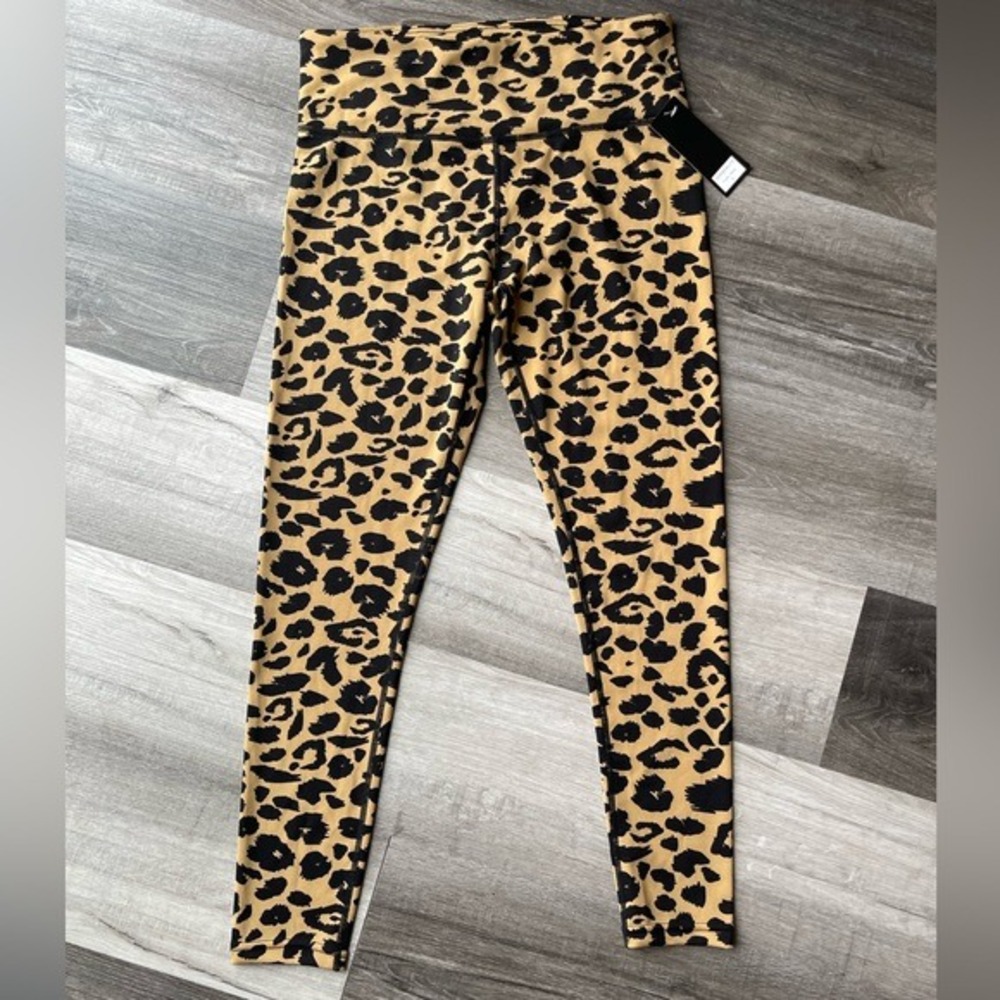 Kimberly C Womens L Tan Black Leopard Animal Print Leggings Back Pocket Yoga Gym